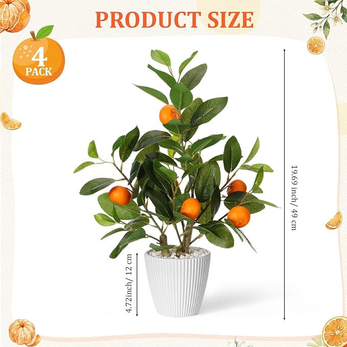 Suncalla 4 Pack Artificial Orange Potted Plants 19.7 Inches Fake Orange Tree Simulation Realistic Fruit Plant with Pot Faux Tree Indoor Decoration for Home Office Living Room Table Desk