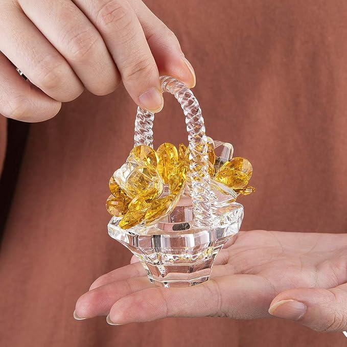 H&D HYALINE & DORA Crystal Flower Basket Figurine Collectable Ornaments Home Decor Tabletop Centerpiece Gift for Lady，Yellow Color