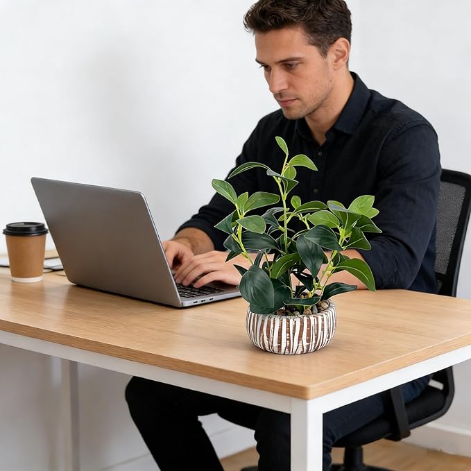 Artificial Potted Plants Life-Like Fake Plant with Farmhouse-Style Cement Planter Feturing Light Wood Tone for Room Bathroom Bedroom Kitchen Office Dese Coffee Table Décor (12.8inch)