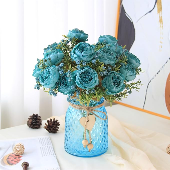 Fake Flowers in Vase,Fake Flowers with Vase,21 Pcs Faux Peony Flowers,Artificial Flowers for Home Decor, Indoor Centerpiece for Living Room & Dining Table (Blue)