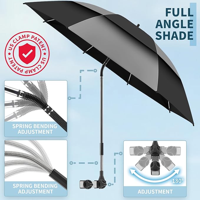 48.6" Double Canopy Beach Umbrella with Clamp, UPF50+ Beach Chair Umbrella with clip, 360°Adjustable Portable Outdoor Wheelchair, Patio, Golf Carts,Camping(Grey/Black)