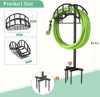 Garden Hose Holder - Upgraded Metal Reel With Tool Storage Basket, Heavy Duty Freestanding Water Hose Holder Holds 150ft, Detachable Storage Hanger for Outside