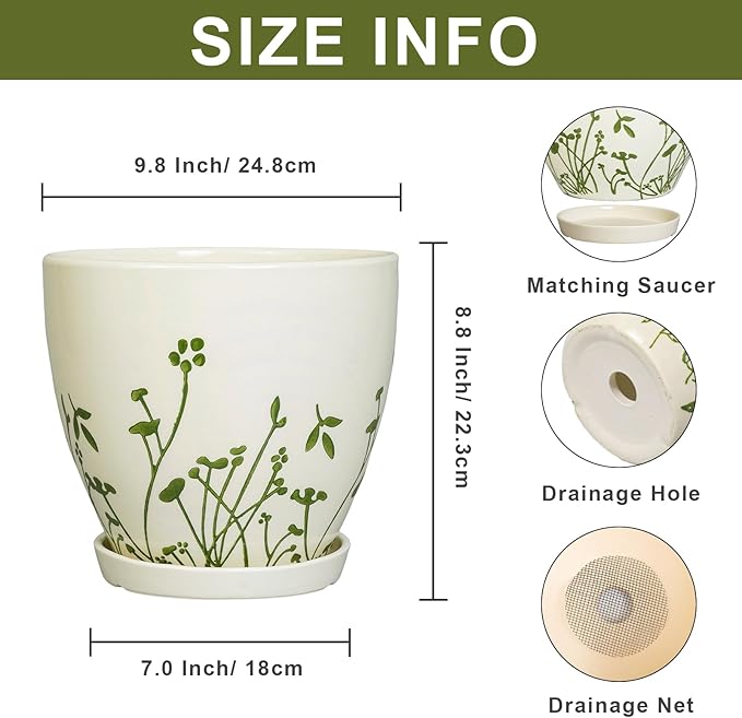 MPotTo Ceramic Pot for Plants 10 Inch - Indoor Planter for Plants with Drainage Hole and Saucer, Decorative Boho Round Planter, Gardening Gifts for Women Men, Office Home Garden Decor, White
