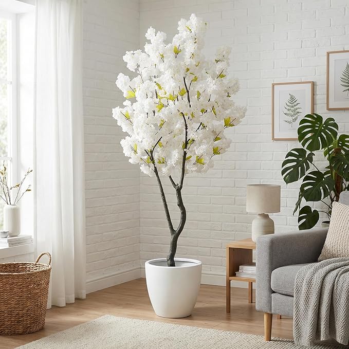 Faux White Cherry Blossom Tree 6.5ft(78in)Tall Artificial Japanese Sakura in Pot Realistic Cherry Plant Decor Handmade Natural Fake White Flower Tree for Christmas,New Year,Wedding,Living Room