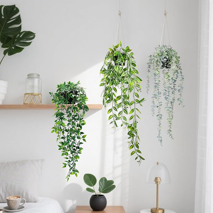 Fake Hanging Plants, 3pcs Artificial Small Potted Plants Fake Potted Greenery Faux Eucalyptus Mandala Vine Pea Pod for Home Indoor Outdoor Wall Garden Wedding Decoration