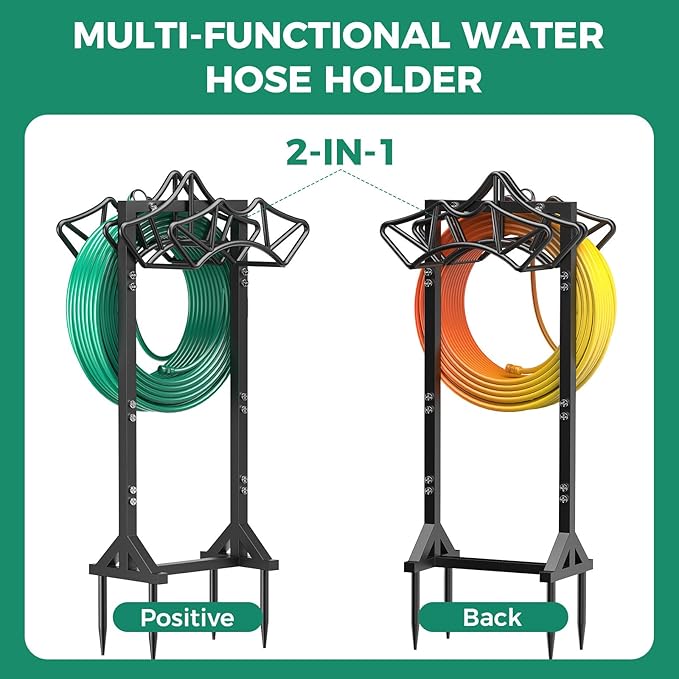 Garden Hose Holder Holds 2 * 160Ft Hoses, Heavy-Duty Freestanding Hose Holder with 4 Spikes, Rustproof Freestanding Hose Stand Water Hose Hanger Storage Hose Rack for Outside, Yard, Lawn, Farm