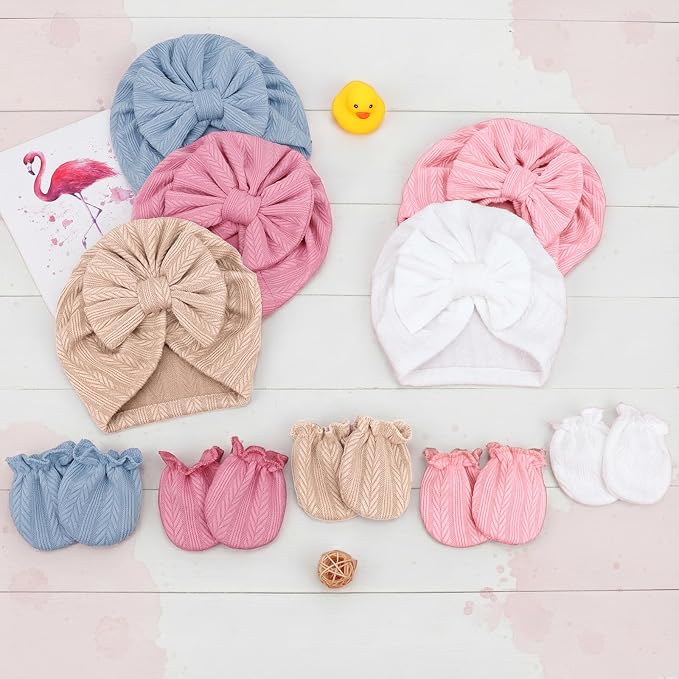 BQUBO Baby Turban Hats and Mittens Set Newborn Infant Hospital Hats Caps with Bows for Baby Boys Girls 0-12 Months