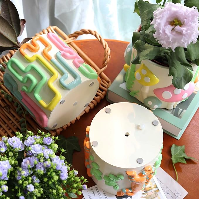GUGUGO Colorful Flowers Planters Cute Unique Rainbow Planter with Drainage,Vintage Retro Eclectic Flower Plant pots for Indoor Plants and Succulent,Boho Modern Home Décor