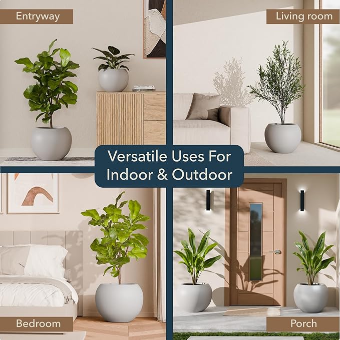 12.8" H x 16" D Premium Globo Fiberstone Round Planter - Smooth Finishes, Weather Resistant for Indoor & Outdoor Use, Included 2 Extra Coco Mats (Light Gray, 10.7" Pot Opening)