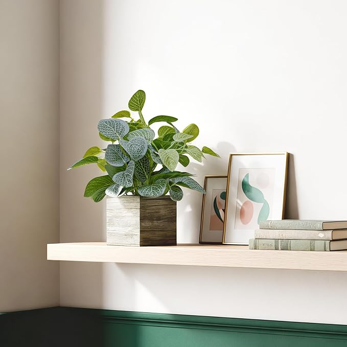 2 Pack 12" Medium Eucalyptus Fake Plants, Artificial Plants Indoor with 4 Inch Wooden Planters, Faux Potted Silk Plants for Home Decor, Desk, Shelves, Desktop, Coffee Table, Bedroom