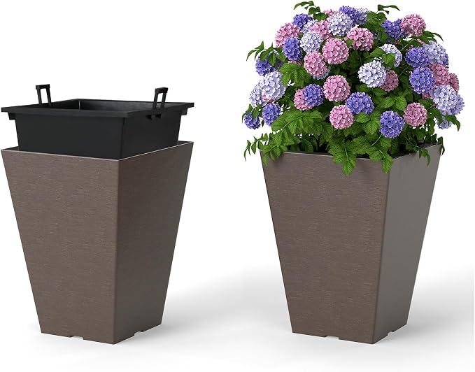 Giantex Square Taper Planter Set of 2, Self-Watering Flower Pots with/Removable Inner Bucket & Drainage Holes, Indoor Outdoor Decorative Plant Container for Porch Balcony (Brown,10"x10"x14")