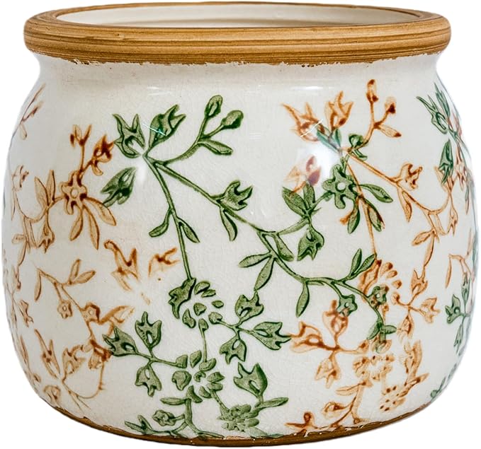 Vintage Ceramic Flower Pot - Indoor Outdoor Planters with Drainage Holes & Filter Screen, 6.5’’ Small Rustic Farmhouse Decorative Plant Pots for Garden/Patio/Balcony (Bicolor Vines, Small)