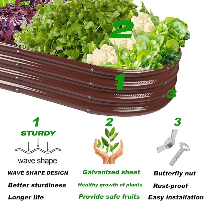 Rakukiri Raised Garden Bed GRS Certified Galvanized Planter Box Outdoor, 8ft Oval Rot-Resistant Metal Garden Bed Planter, Recycled Material Planter for Vegetables Flowers Herbs (Brown)