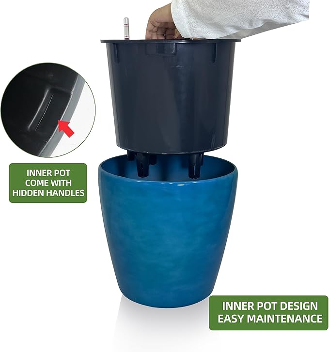 Dexceder 15x14 Self Watering Planter with Wheels (Peacock Blue Gradient) | Inner Pot Design, Thickened Large Floor Standing Flower Plant Pot with Water Level Indicator Indoor Outdoor