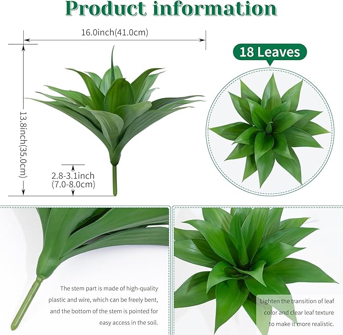 2 Pack 16 Inch Artificial Agave Plant - Large Faux Succulent Steams for Indoor Outdoor Decorating, UV Resistant Realistic Tropical Greenery for Garden Front Porch Aesthetic Decor - 18 Leaves, Green