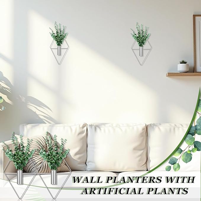 Canlierr 2 Pieces Wall Decor Hanging Planters with Artificial Plants Metal Hanging Vase Indoor Plants Holder Modern Boho Wall Art for Bathroom Bedroom Living Room Decor(Silver, Eucalyptus)