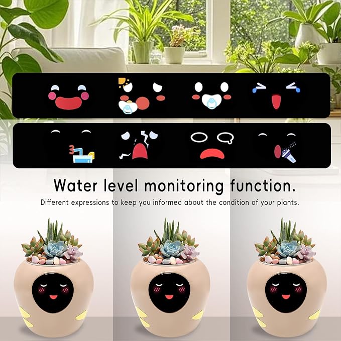 Smart Plant Pot with Expression, AI Intelligent Flower Pot for Indoor Decoration, Smart Garden Pot with Water/Light/Temperature Sensors, Ivy AI Planter (Pink（Big）)