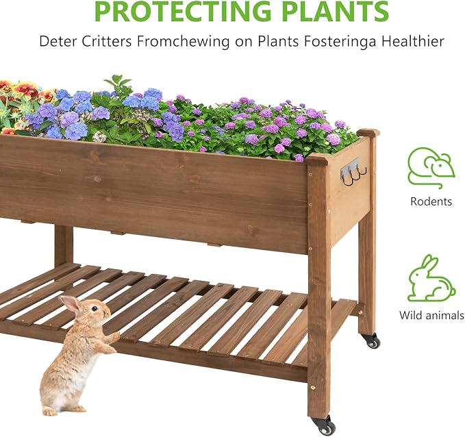 ketive Raised Garden Bed with Legs & Wheels –, Outdoor Elevated Planter Box with Storage Shelf & Hooks for Vegetables, Flowers, and Herbs for Outdoor Gardening, Patio, Balcony,48"x 24"x 33"(Brown)