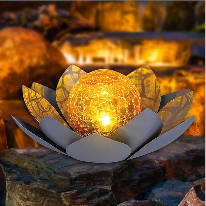 Huaxu Garden Solar Light Outdoor, Amber Crackle Globe Glass Lotus Decoration, Waterproof Gray Metal LED Flower Lights for Patio,Lawn,Walkway,Tabletop,Ground…