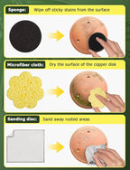 Mellbree Bird Bath Copper Disc & Clean Set, 0.6mm Reinforced 99.99% Pure Copper Cleaning Disk with Cleaning sponges Sandpaper and Microfiber Cloths for Cleaning Bird Baths and Bird Bath Disk