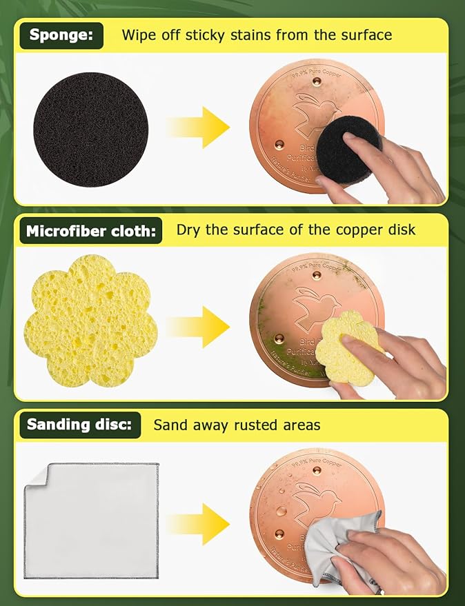 Mellbree Bird Bath Copper Disc & Clean Set, 0.6mm Reinforced 99.99% Pure Copper Cleaning Disk with Cleaning sponges Sandpaper and Microfiber Cloths for Cleaning Bird Baths and Bird Bath Disk