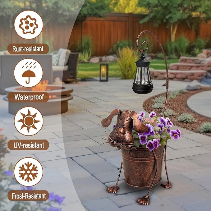Solar Lights Outdoor with Planter Pot,Metal Dog Solar Lamp Post with Planter Base Outdoor Decorative for Yard,Porch,Patio,Floor Light with Garden Pots
