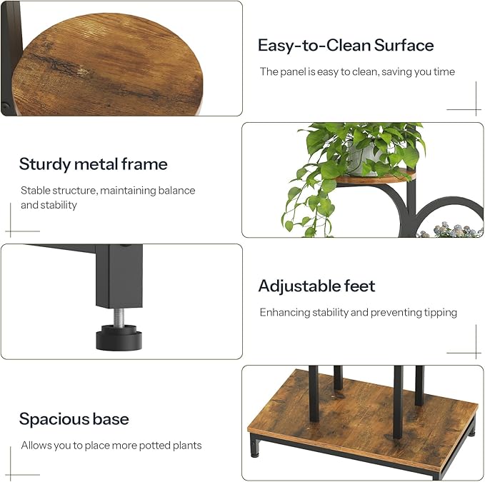 HOOBRO Plant Stand Indoor with Grow Lights, 63" Corner Plant Stand for Indoor Plants, 7 Tiered Metal Corner Shelf with 2 Hanging Basket Spots, for Home, Living Room, Rustic Brown and Black BF12DHJ01