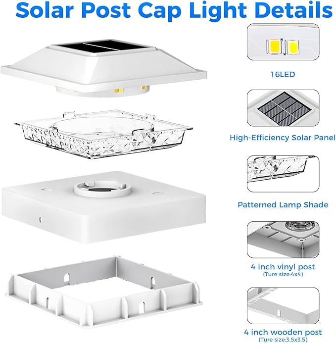 Peasur 4x4 Post Solar Lights 12 Pack, 2 Modes 16 LED Solar Post Cap Light Waterproof, Deck Fence Post Solar Lights Powered Outdoor, Fit 4x4 Wood/Vinyl Posts for Porch Patio