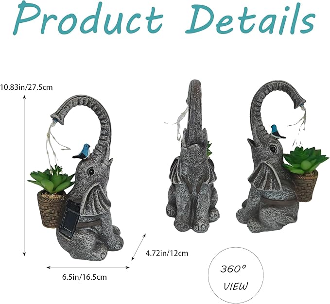 Solar Powered Garden Statue with LED Lights, Grey Stone Resin Elephant Planter, Decorative Outdoor Sculpture with Birds and Succulents,for Balcony, Garden, Patio, Yard, Lawn(Gray)