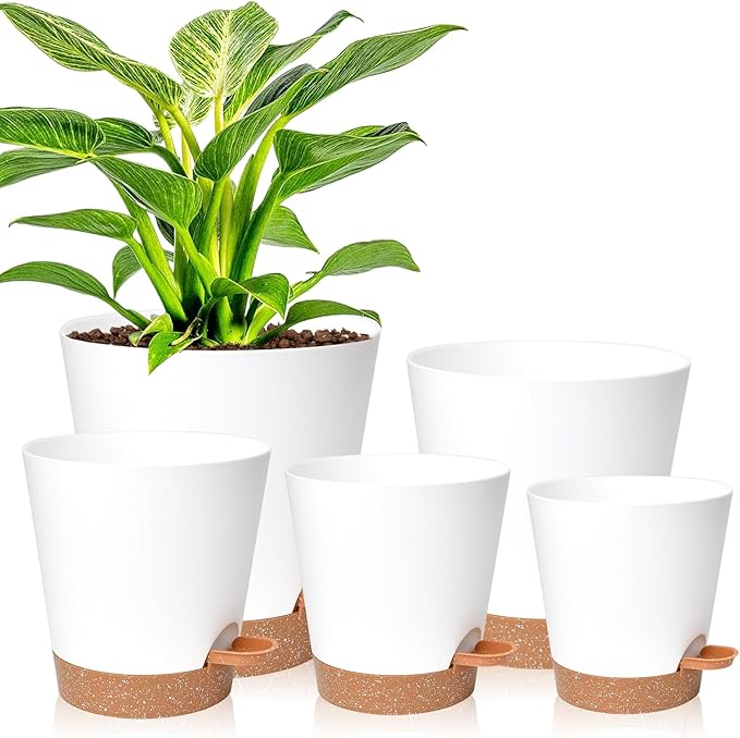 Vanslogreen Planters for Indoor Plants 7/6.5/6/5.5/5 Inch, Self Watering Planters with Drainage Holes and Saucers 5 Pack Plastic Pots for Plants, Succulents, Herbs, Cactus, Flower Pots, White