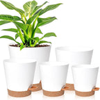 Vanslogreen Planters for Indoor Plants 7/6.5/6/5.5/5 Inch, Self Watering Planters with Drainage Holes and Saucers 5 Pack Plastic Pots for Plants, Succulents, Herbs, Cactus, Flower Pots, White