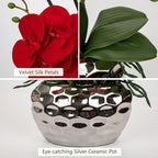 Briful Red Orchid Artificial Flowers 18" Large Silk Orchid with Silver Ceramic Pots Fake Orchid Arrangement for Home Office Bathroom Living Room Table Decoration