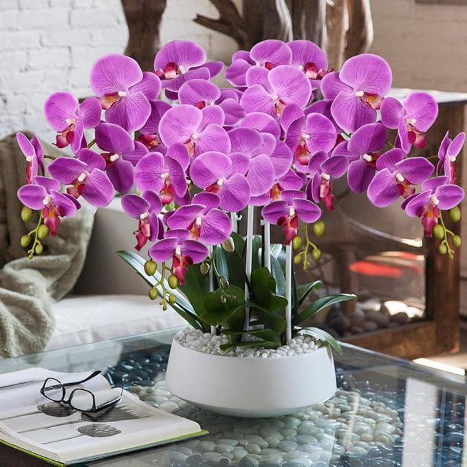 DILATATA Blooming Phalaenopsis Orchid 31.5" Tall Real Touch Artificial Orchid with 9 Large Flowers Fake Orchids Artificial Flowers for Decoration Home Arrangement-Purple Orchids Flowers 2pcs