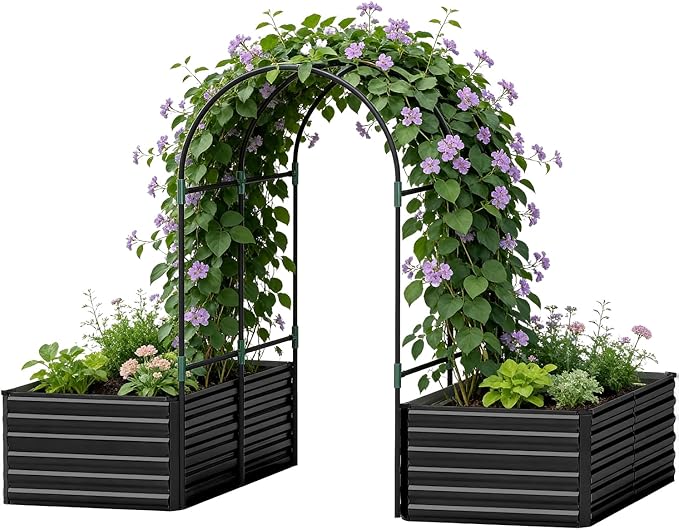 Raised Garden Bed with Arch Trellis for Climbing Plants,Galvanized Raised Garden Bed,Planter Boxes Outdoor for Vegetables Flowers Herb,269 Gallon Capacity Black