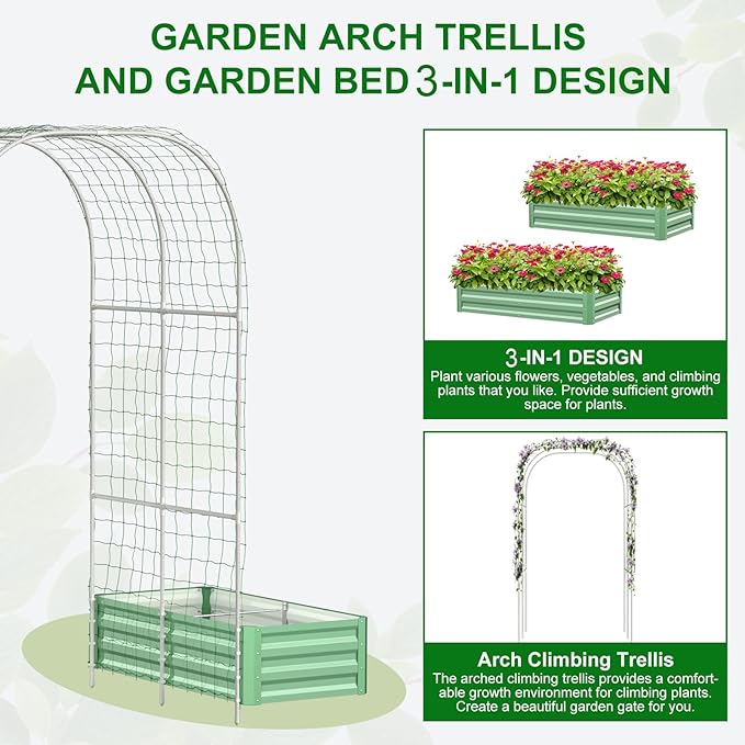SUNYRISY Galvanized Raised Garden Bed with 87" H Arch Trellis for Climbing Plants Outdoor, Metal Planter Box with Netting for Gardening Flowers Vegetables Fruit, Green
