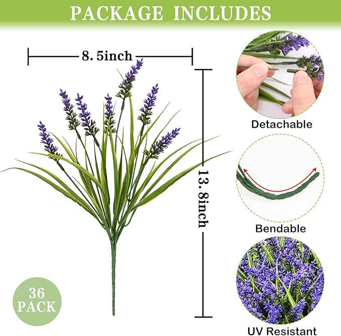 Waipfaru 36 Bundles Artificial Plants Outdoor,Fake Flowers UV Resistant Outdoor Fake Plants,Faux Lavender Shrubs for Window Garden Patio Hanging Planter Pathway Front Porch (Purple)