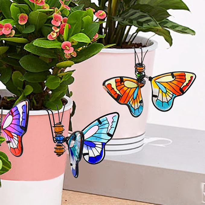 3pcs Butterfly Decorations for Flower Pots, Colorful Metal Hanging Ornaments Plant Decorations Pot Huggers for Garden Yard Fence Outdoor Decor (Butterfly)