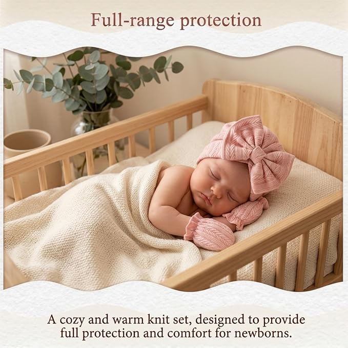 Newborn Baby Girl Hats Mittens Set Cotton Hospital Bow Hat Beanies Caps Gloves for New Born Girls 0-6 Months