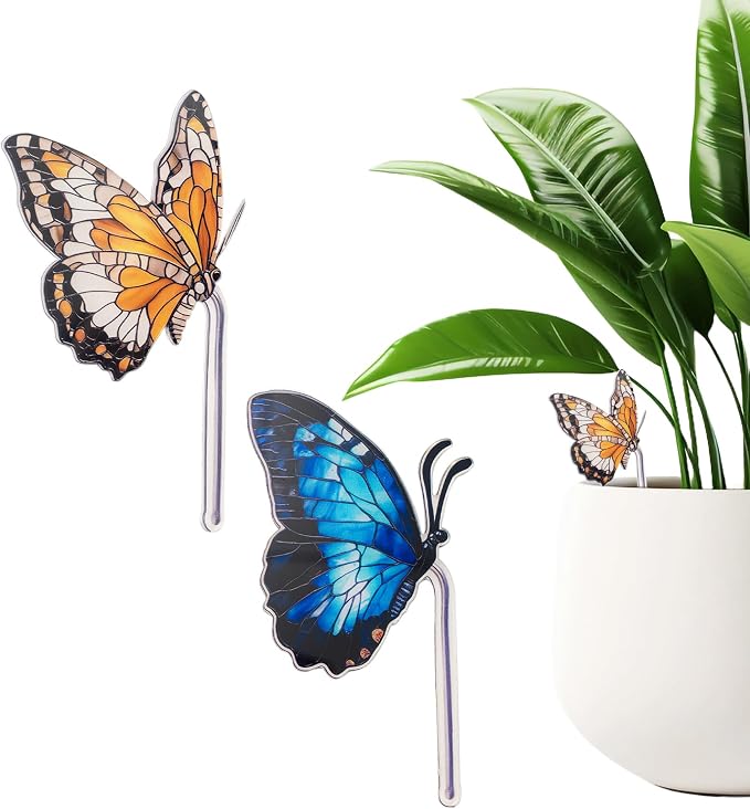 Flower Pot Decoration, 2Pcs Acrylic 2D Butterfly Plant Pot Hugger, 4.6 Inch Stained Butterfly Garden Stake Ornament Insert Decor for Indoor Patio