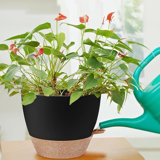 YNNICO 12 inch Large Self Watering Plant Pots, Flower Pots Planters with Multi Mesh Drainage Holes for Indoor Outdoor Garden Plants and Flowers.（Black）