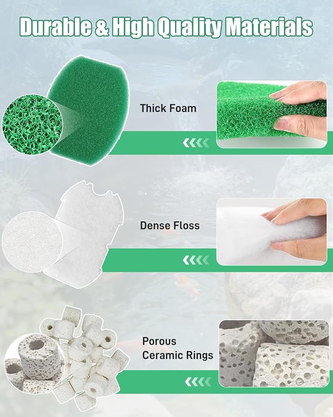 16 Pack Pond Filter Media Kit Compatible with Aquagarden Inpond 5in1 200 Gallon, 12 White Floss Pads, 2 Thick Foam Filters, 2 Bags Ceramic Rings