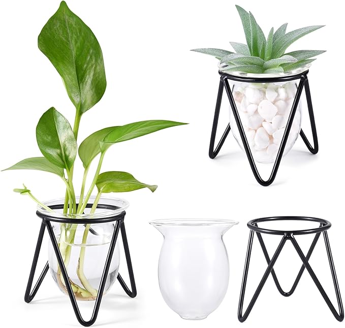 Jspupifip 3 Pcs Glass Plant Terrarium with Metal Stand, Air Plants Holders Hydroponic Plant Vases Desktop Bulb Glass Vase for Indoor Plants Home Garden Office Decoration, Black