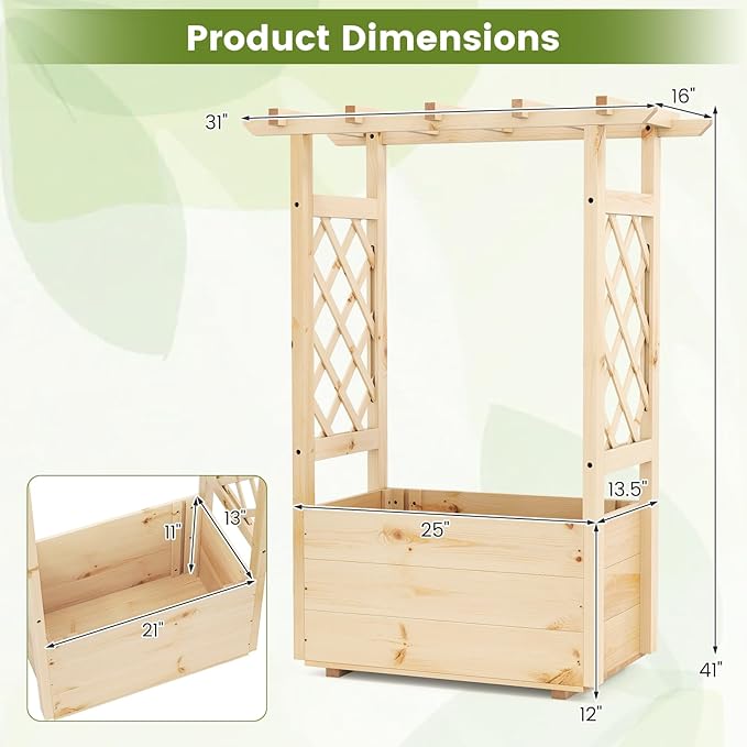 Giantex Set of 2 Raised Garden Bed with Sided Trellis & Hanging Roof, Wood Planter Box, Freestanding Garden Planter Raised Bed for Flowers Herbs Climbing Vines 31”x16”x41” (L x W x H)