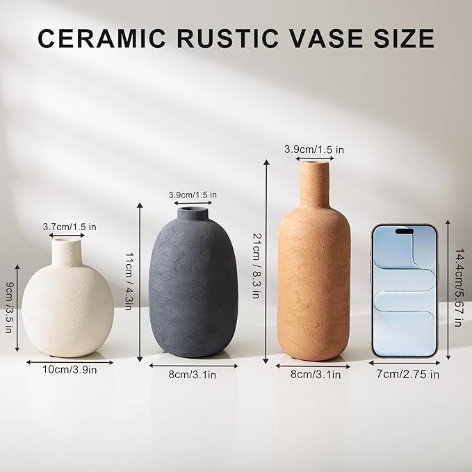 Ceramic Vase Set, Rustic Distressed Large Flower Vases in Pottery Decor, Modern Boho Farmhouse Decor for Pampa Grass, Dried & Fresh Flower, Decorative Vase for Living Room, Kitchen, Entryway, Rust Red