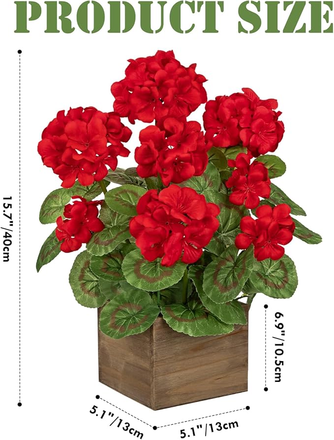 Briful Artificial Geraniums Flowers in Square Wooden Box, Faux Red Silk Geranium Potted Plant, 15.7" Fake Floral Arrangement for Rustic Farmhouse Home Kitchen Table Centerpiece Patio Décor
