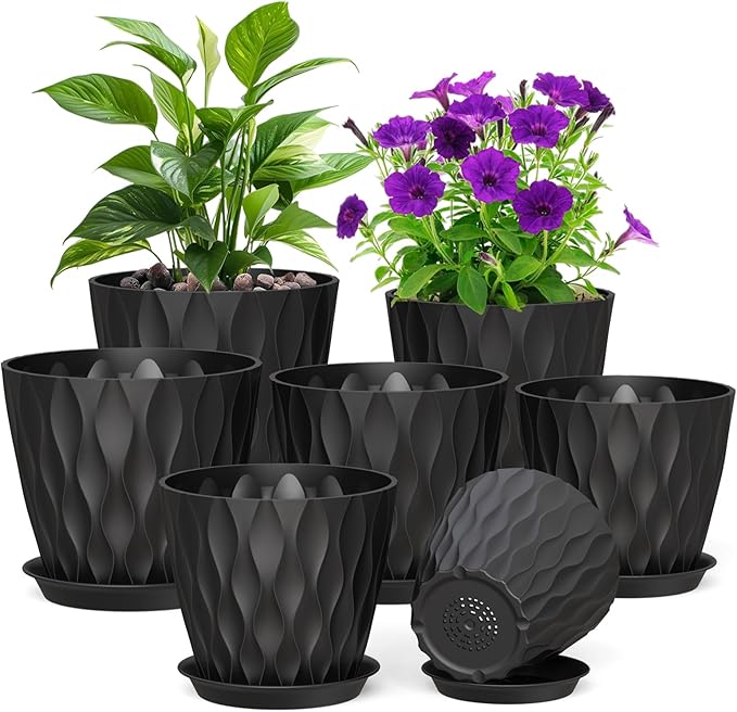 Meowell 7/6.5/6/5.5/5/4.5/4 inch Plant Pots for Indoor Outdoor Plants, 7 Pack Thick Flower Pots with Drainage Holes and Saucers, Modern Wave Texture Plastic Planter Pots for Nursery, Succulent, Black