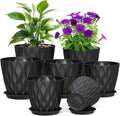 Meowell 7/6.5/6/5.5/5/4.5/4 inch Plant Pots for Indoor Outdoor Plants, 7 Pack Thick Flower Pots with Drainage Holes and Saucers, Modern Wave Texture Plastic Planter Pots for Nursery, Succulent, Black