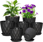Meowell 7/6.5/6/5.5/5/4.5/4 inch Plant Pots for Indoor Outdoor Plants, 7 Pack Thick Flower Pots with Drainage Holes and Saucers, Modern Wave Texture Plastic Planter Pots for Nursery, Succulent, Black