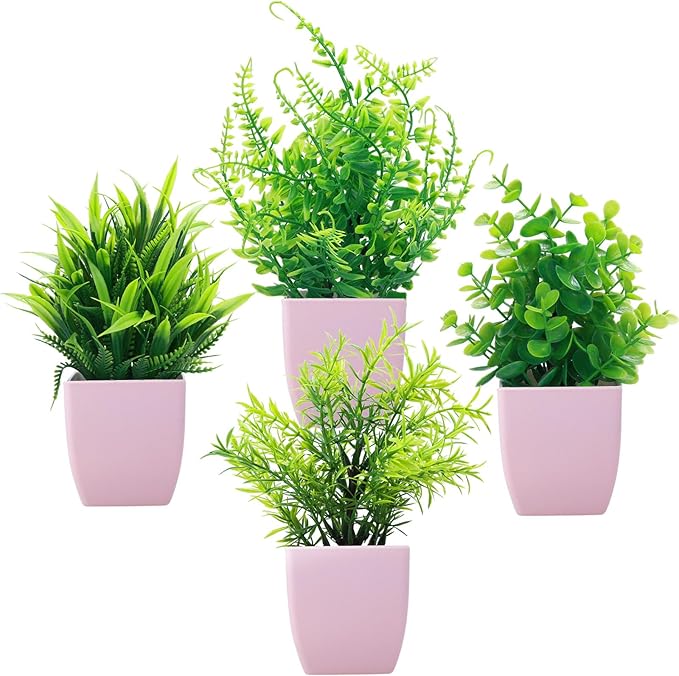 GREENTIME 4 Pack Fake Plants in Pink Pot Mini Artificial Eucalyptus Potted Plant Small Faux Grass Greenery Potted for Indoor Home Office Farmhouse Bathroom Table Decoration