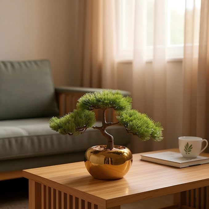 9.5 Inch Artificial Bonsai Tree with Ceramic Pot - Decorative Fake Plant for Home Office Living Room Window Sill, Fake Plants for Year-Round Decoration（Gold）